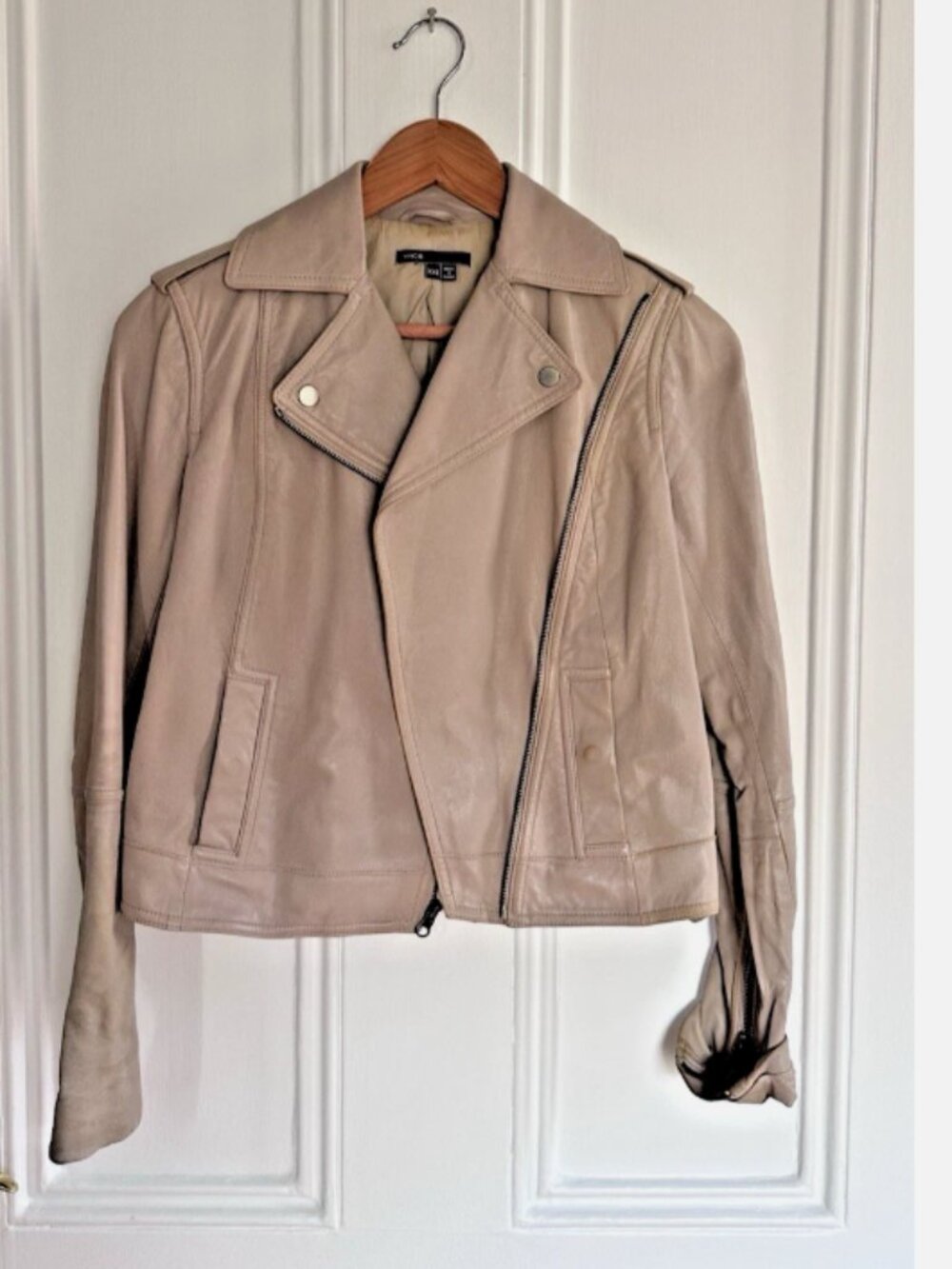 VINCE Women's Size XXS Tan Taupe Leather Moto Jacket Asymmetrical Zipper